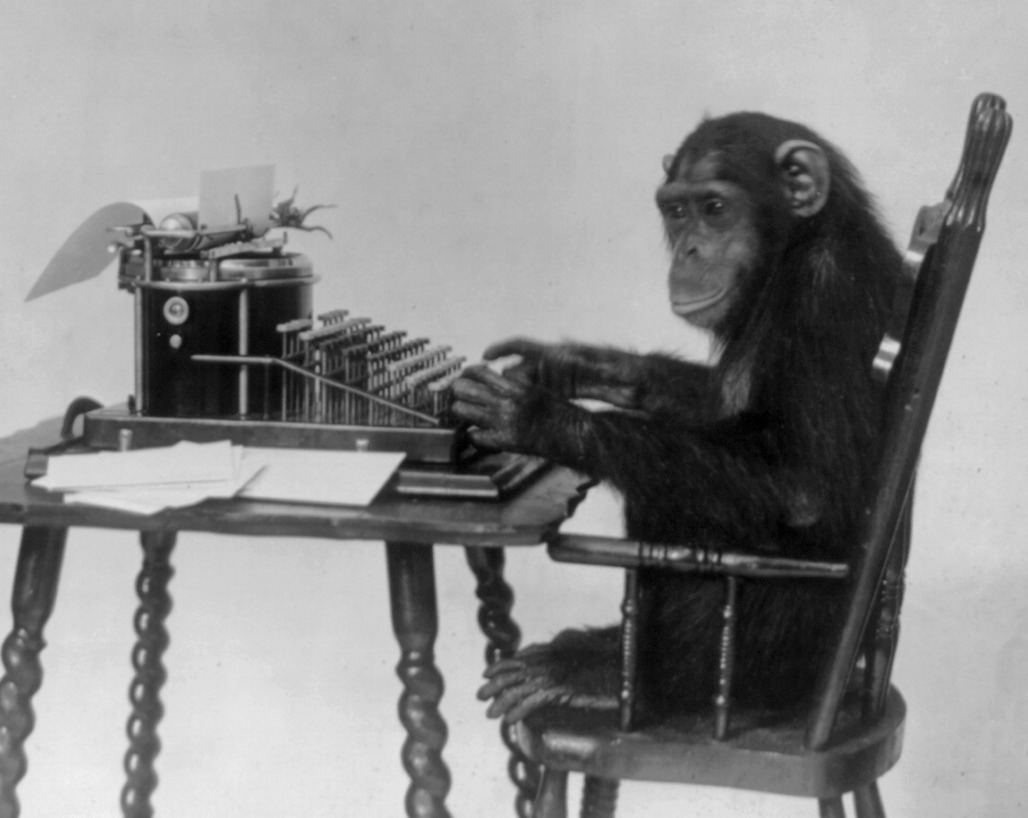 Chimpanzee seated at typewriter