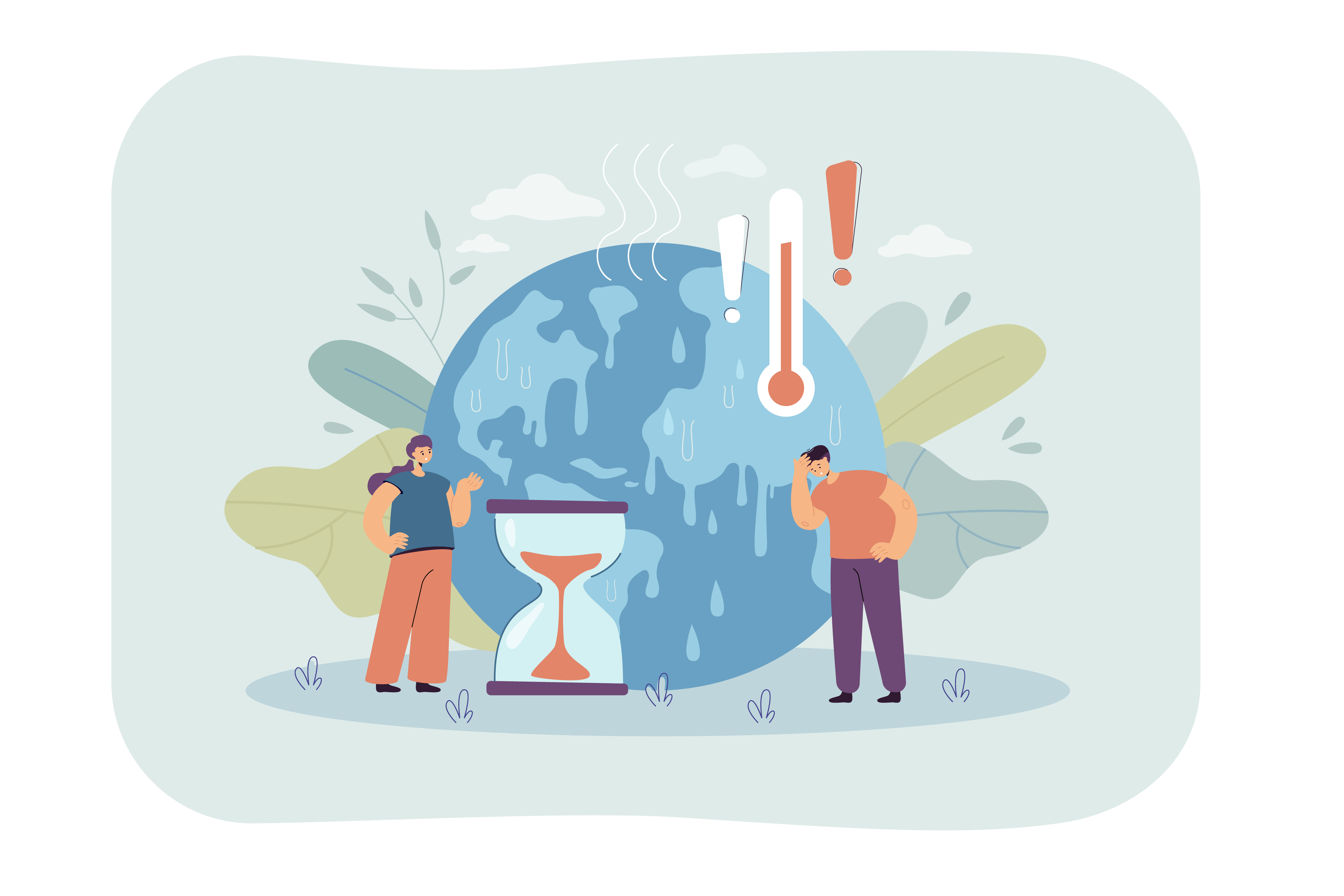 Tiny people with melting planet in background. High temperature and hot weather on Earth, hourglass flat vector illustration. Climate change concept for banner, website design or landing web page
